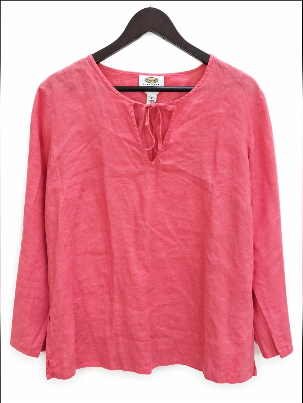 Talbots Pink 100% Linen Split Vneck With Soft Tie Detail Womens Petite Sz X (Lg)